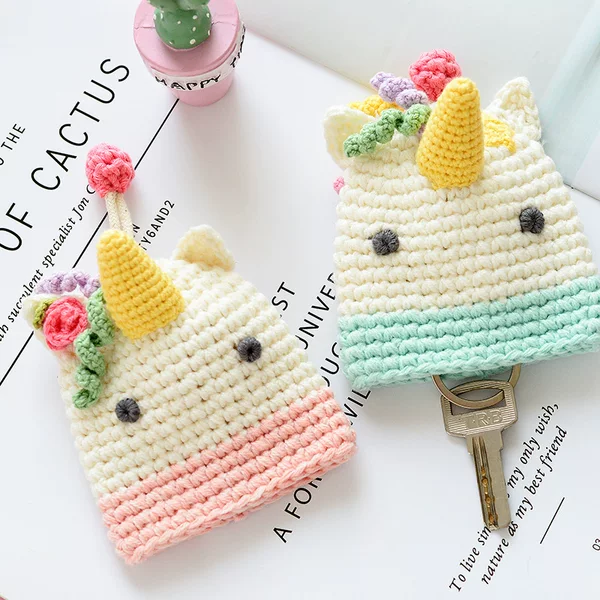 Cartoon Cute Knitted Pull Key Bag Girls Key Protective Cover Douyin Same Unicorn Wool Bag