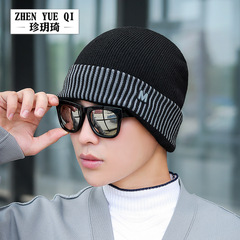 Winter men's hats outdoor sports cycling warm woolen hat plus velvet cold-proof cuffed leather label knitted hat wholesale