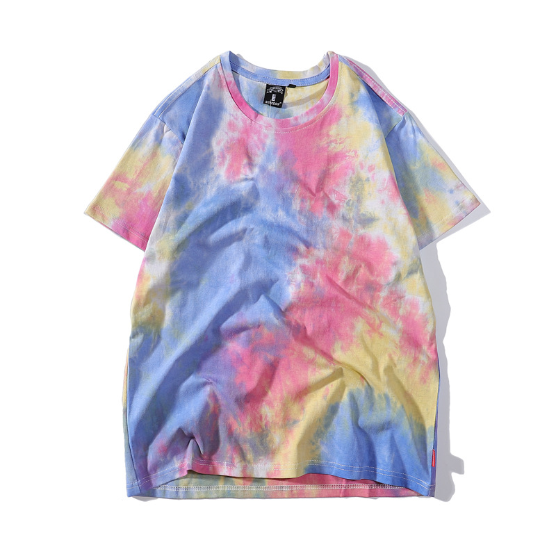 Camiseta de algodón tie-dye para hombre 2025 pareja de verano de manga corta ins suelta de gran tamaño cuello redondo tendencia camiseta superior para hombre