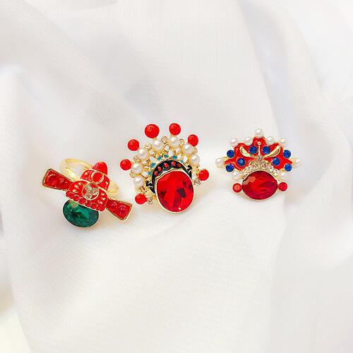 Chinese style Peking Opera facial makeup ring for women, ethnic style red crystal pearl index finger ring, Korean internet celebrity personalized ring trend