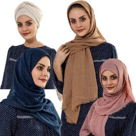 棉麻围巾180*90单色纯色泡泡纱巾crinkle scarf印尼头巾休闲女式