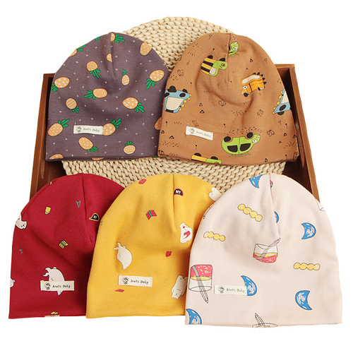 Category A Spring and Autumn Korean Style Baby Cotton Cute Children's Hat Warm Double Layer Cartoon Print Baby Pullover Hat