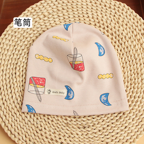 Single layer thin spring and autumn children's cotton knitted baby hat cartoon printed newborn baby pullover hat