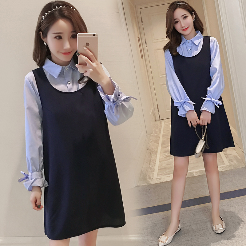Spot pregnant women Spring and Autumn Korean long sleeve strap horn sleeve pregnant women fake two-piece dress women ·