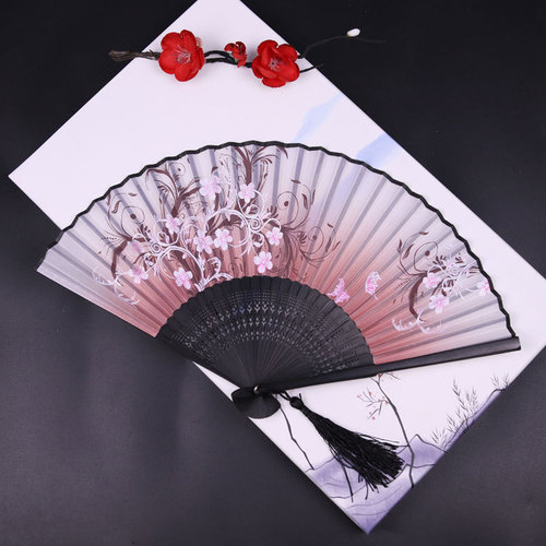 Full head green silk folding fan with carved logo bamboo craft fan animation advertising fan factory wholesale