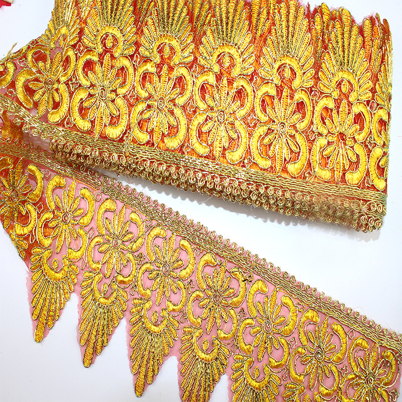 厂家网布刺绣花边 民族服装辅料窗帘金色花边 批发金丝线彩色花边