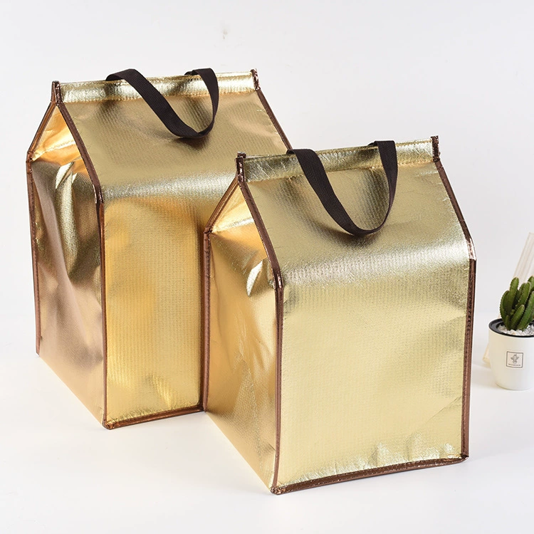 Insulated Thermal Picnic Bag, gold foil, foldable with aluminum-foil & pearl-cotton lining