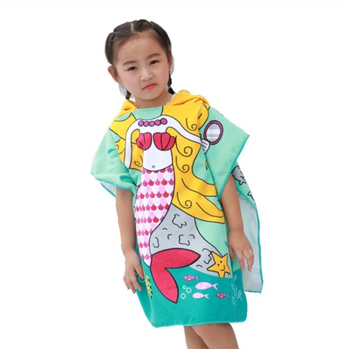 Cartoon Children's Cape Beach Towel Cape for Toddlers with Hat, Wearable Bath Towel Super Fine Fiber Sunscreen Swimsuit for Girls
