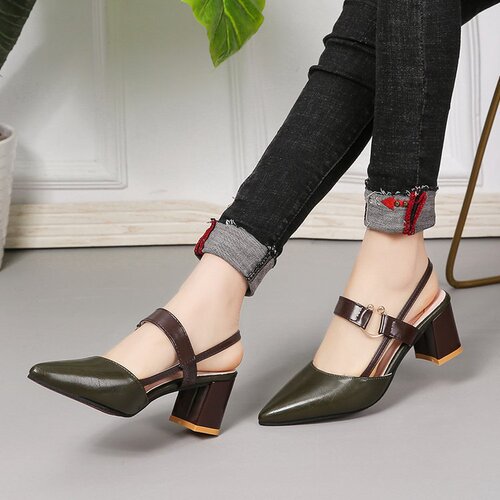 2024 Spring and Summer New Style Shoes for Women with Pointed Toe Thick Heel Baotou Women's Shoes Medium Heel Slotted Buckle High Heels Hollow Women's Sandals