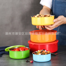 储物彩色保鲜盒不锈钢圆形带盖五件套带磁收纳盒密封碗礼品赠品