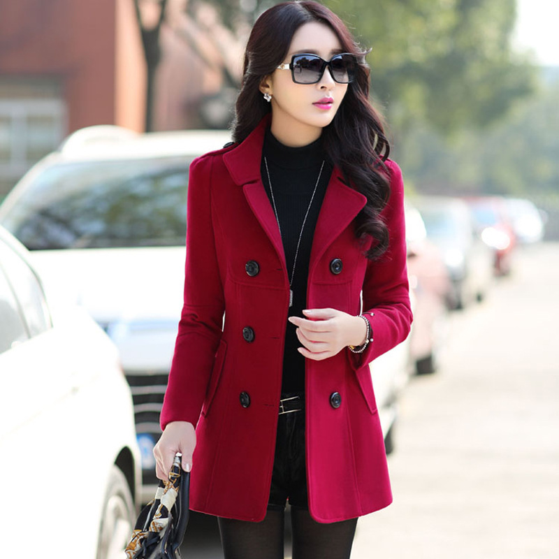 Korean Style Fashionable Slim Double-Breasted Solid Color Woolen Coat for Women
