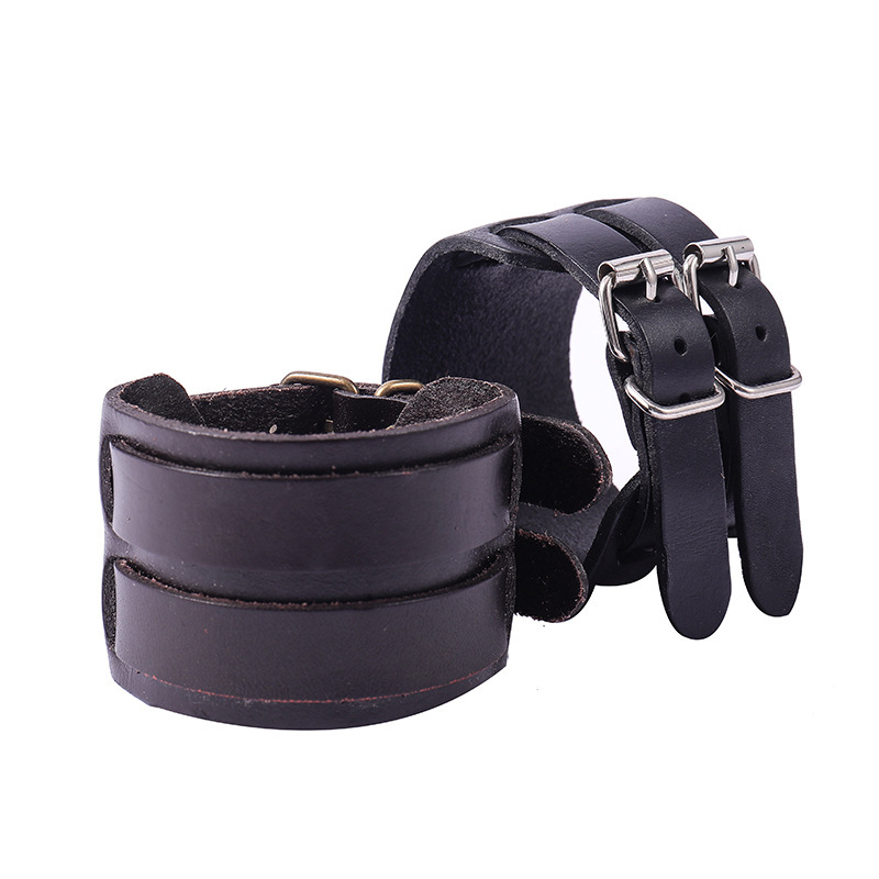 New European and American Retro Punk Bracelet AliExpress Amazon Cross Border Wide Leather Double Buckle Men's Bracelet Bracelet