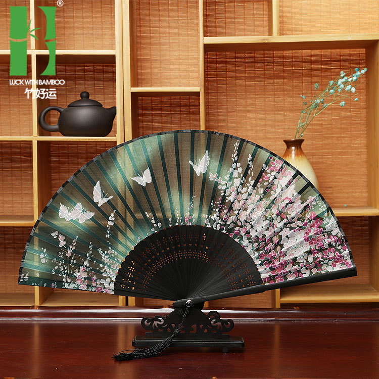 Estilo japonés ventilador de artesanía logo translúcido ventilador plegable mariposa a juego kimono estilo antiguo danza ventilador plegable al por mayor