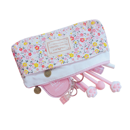 Korean Stationery Pastoral Fresh Small Floral Nectar Double Zipper Pen Bag Stationery Bag Storage Pen Bag
