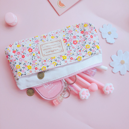 Korean Stationery Pastoral Fresh Small Floral Nectar Double Zipper Pen Bag Stationery Bag Storage Pen Bag