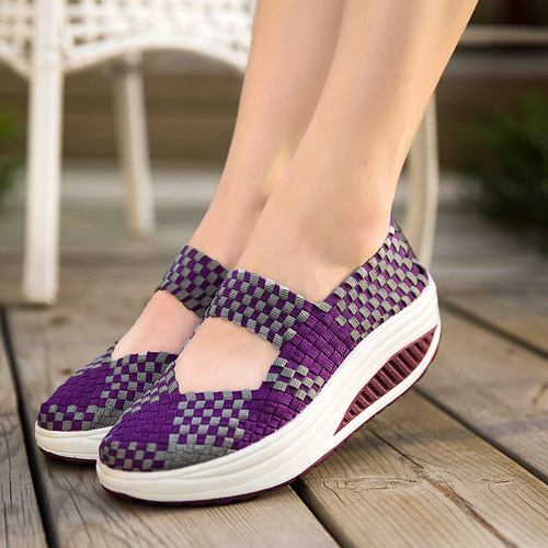 Four Seasons Women's Shoes for Middle-aged and Elderly Mothers Soft Sole Mid-Heel Elastic Woven Rocking Shoes Women's Shoes Heightening Travel Shoes