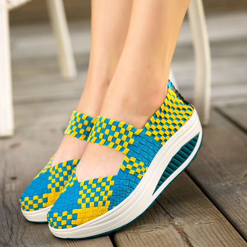 Four Seasons Women's Shoes for Middle-aged and Elderly Mothers Soft Sole Mid-Heel Elastic Woven Rocking Shoes Women's Shoes Heightening Travel Shoes