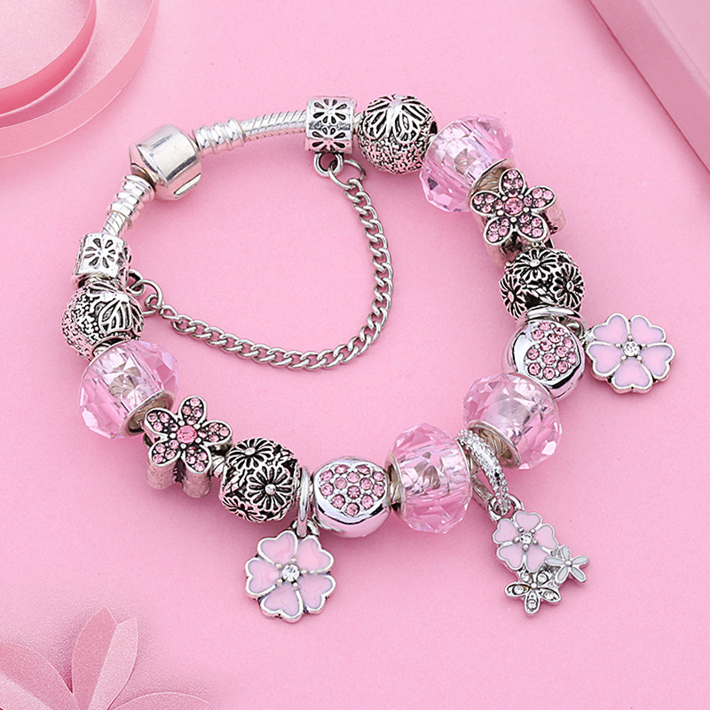 Bracelet jonc fleur émail et cristal rose collection automne_voghion.com
