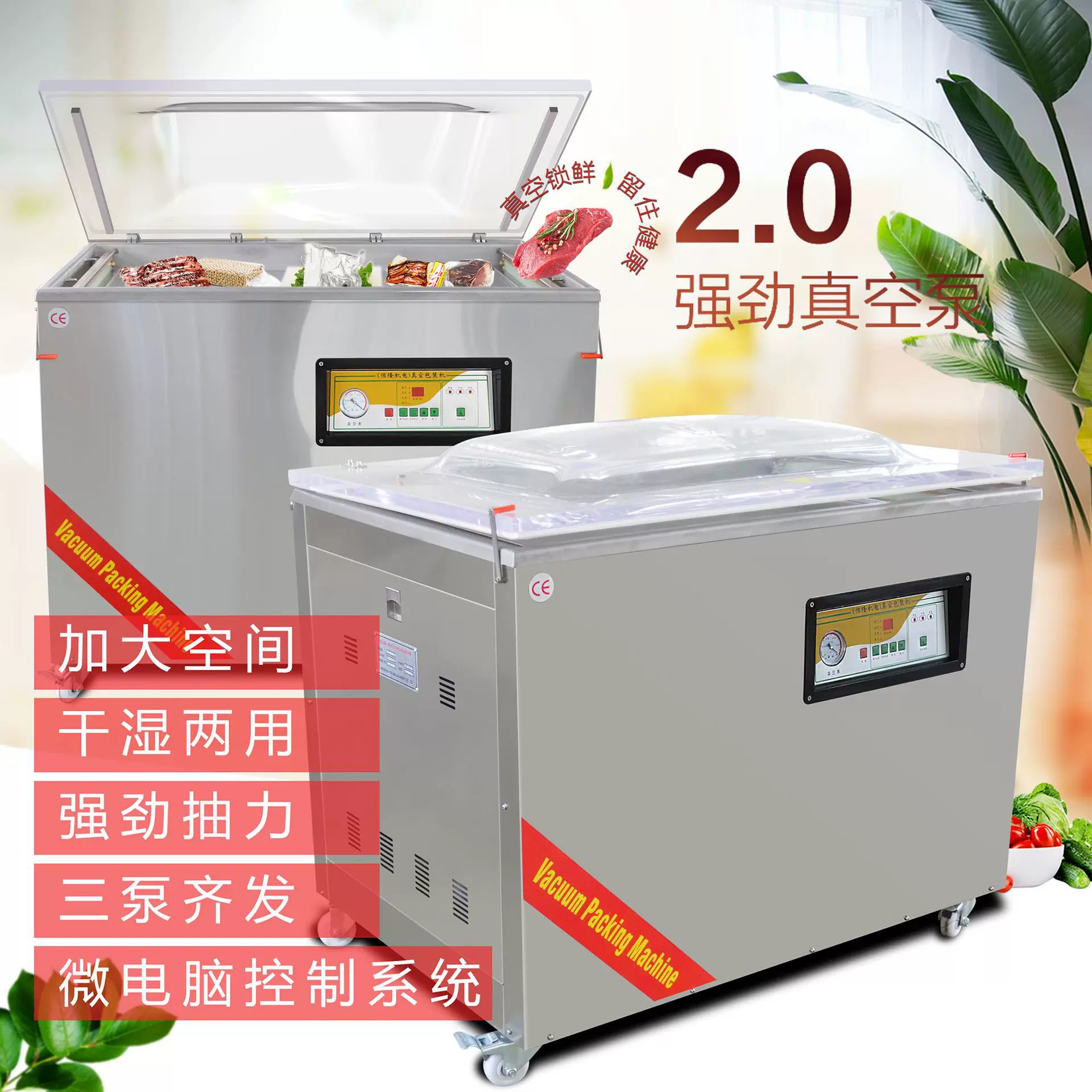 恒隆大型食品海鲜真空封口机干湿两用全自动双室平板式真空包装机