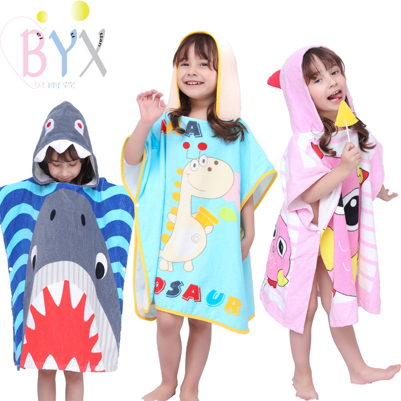 Factory Direct Sales Cartoon Children's Bathrobe Pure Cotton Cut Velvet Print Cartoon Animal Cloak Baby Hooded Bath Towel Beach