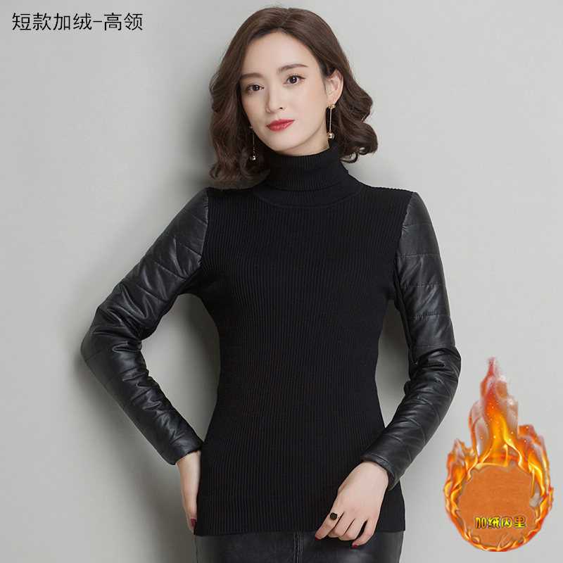 Down Cotton Full Leather Sleeve Knitwear Autumn and Winter New Short Style Slim Fit High Elasticity Base Layer Sweater with Fleece and Thickened Sweater for Women Down Cotton Full Leather Sleeve Knitwear Autumn and Winter New Short Style Slim Fit High Elasticity Base Layer Sweater with Fleece and Thickened Sweater for Women