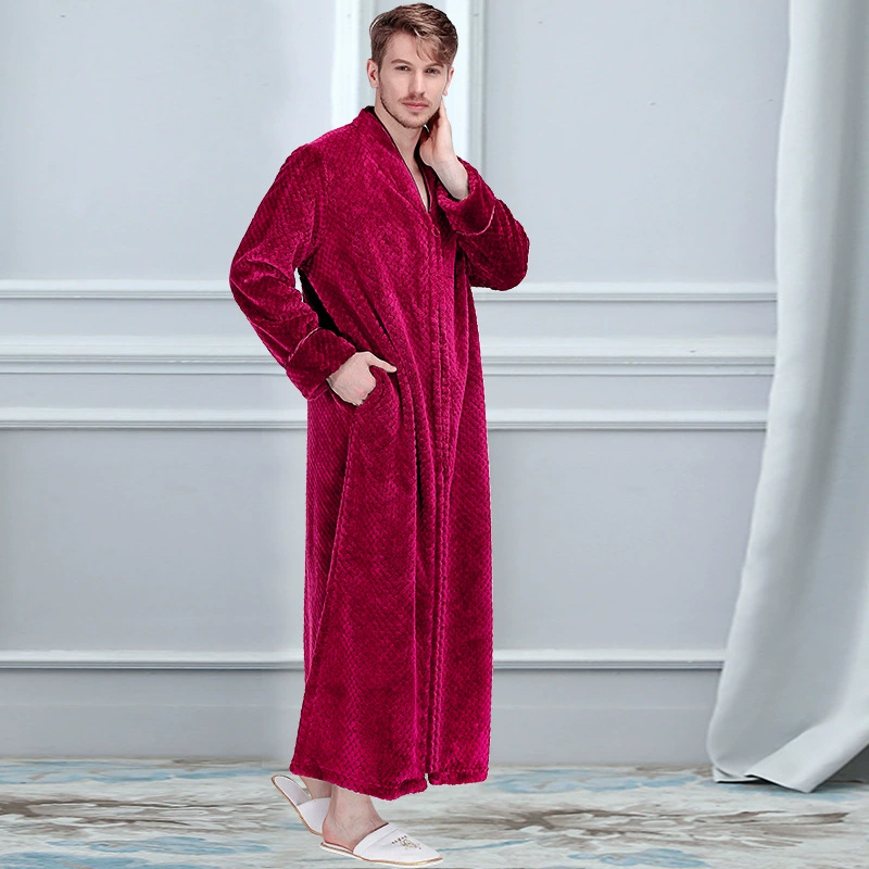 Men's demi-season long flannel bathrobe with zipper, coral-velvet, long-sleeve, sizes 150–190 cm