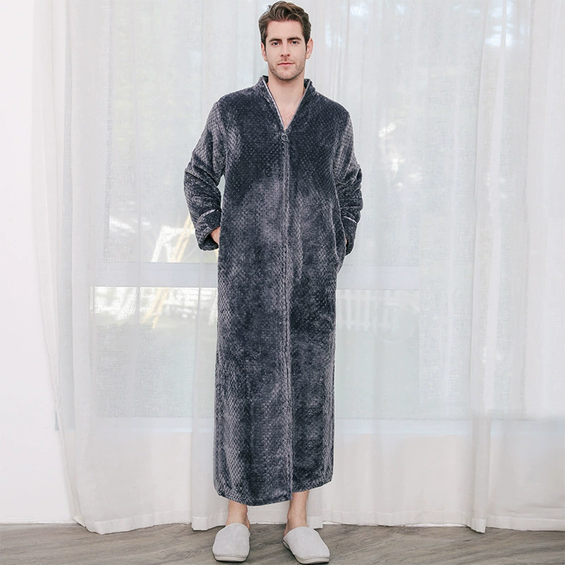 Men's demi-season long flannel bathrobe with zipper, coral-velvet, long-sleeve, sizes 150–190 cm