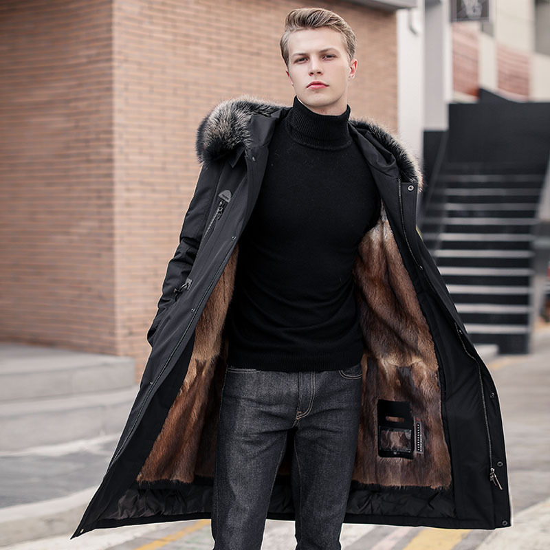 Goose Down Jacket Men's Mid-length Thickened Large Fur Collar Hooded Mink Liner Fur One-piece Fur Pike for Men