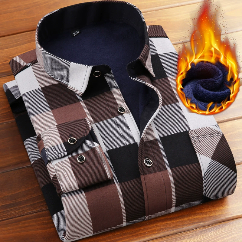 Теплая мужская рубашка на осень и зиму 2025 года с флисовой подкладкой, утолщенная, с длинным рукавом, больших размеров, клетчатая рубашка с принтом для папы среднего и старшего возраста.