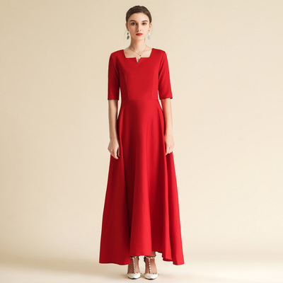 中袖大摆优雅宴会晚礼服日常聚会长款连衣裙优雅大尺码晚礼服女裙