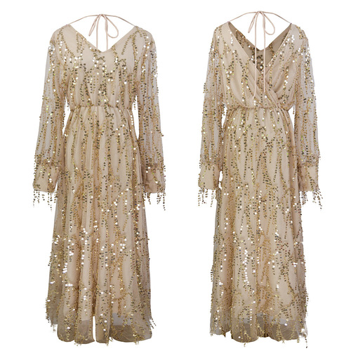 European and American Hot-selling Women's Spring/Summer New Arrival Long-Sleeved Sequin Tassel Long Dress for Ladies