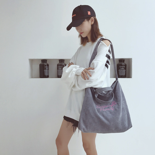 Corduroy women's bag new style literary embroidered letter tote bag retro college style single shoulder crossbody handbag large bag