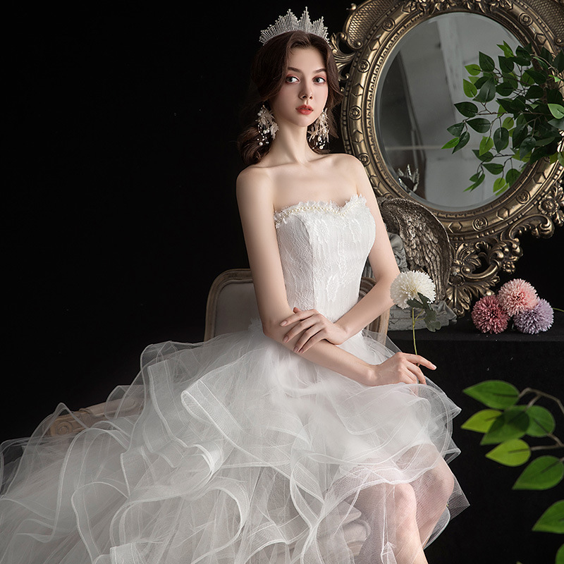 2025 Spring New Front Long Back Small Train Wedding Student Princess Puffy Cake Studio Short Dress_voghion.com