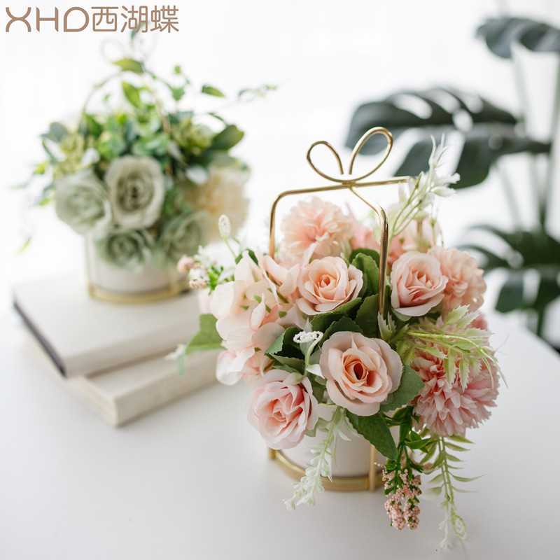 INS nórdico flor artificial traje de cerámica florero de oro rosa Planta artificial potted hogar Decoración falso