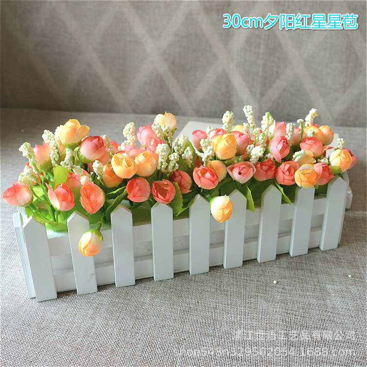 Casa sala de estar flor decorativa planta artificial traje de decoración de flores valla de madera decoración de flores artificiales olla pequeña ventana belleza