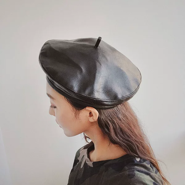 Black Beret Summer Women's Thin British Women's PU Leather Octagonal Hat Retro Korean Style All-match Summer Painter Hat