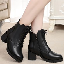 真皮羊毛棉鞋女式皮靴系带马丁靴中跟单靴加绒冬鞋短筒中年棉皮鞋