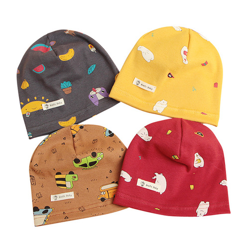 Single layer thin spring and autumn children's cotton knitted baby hat cartoon printed newborn baby pullover hat