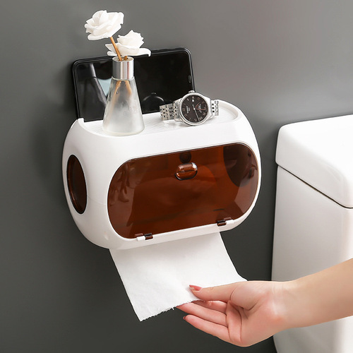 Fashionable multifunctional waterproof bathroom tissue box creative bathroom wall-mounted punch-free and traceless plastic tissue box