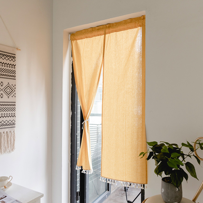 Wholesale Japanese Style Punch-Free Fabric Blackout Door Curtain Bedroom Bathroom Curtain Small Fresh Plaid Partition Curtain