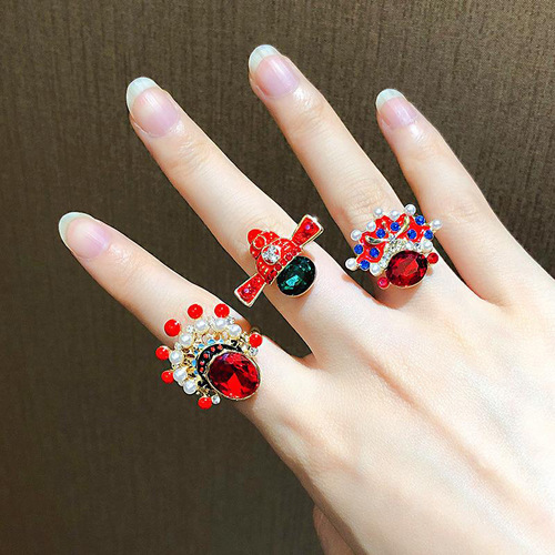 Chinese style Peking Opera facial makeup ring for women, ethnic style red crystal pearl index finger ring, Korean internet celebrity personalized ring trend