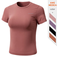 AMI MEDEA Women's Short Sleeve Seamless Lettered Sports Top Gym T-Shirt Running Elastic Fitted Yoga Clothing