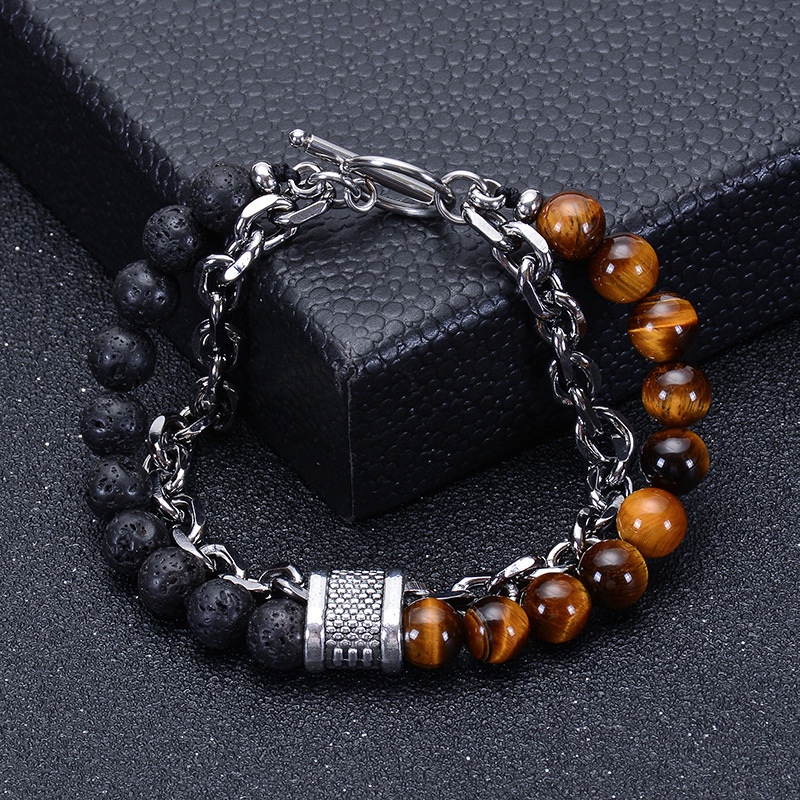 Cross-border Hot Sale Natural Tiger Eye Beaded Bracelet Men's Stainless Steel Bracelet Natural Stone Metal Chain Bracelet