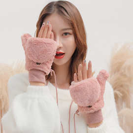 韩版毛绒纯色手套可爱学生保暖双层加厚半截露指翻盖手套女秋冬季