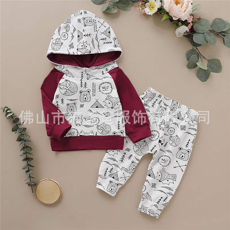 ins跨境专供男童秋冬款长袖连帽卡通动物上衣长裤运动套装
