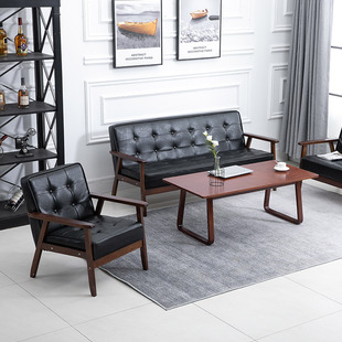 Leather Leather Sofa Solid Wood Nordic Single Minimalist Three-Person Cafe Sofa Living Room Double Sofa for Small Apartment