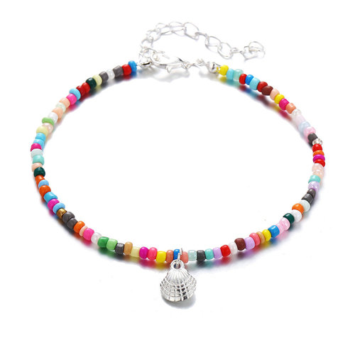 European and American cross-border jewelry Bohemian-style colorful bead ankle chain creative retro alloy scallop pendant ankle chain