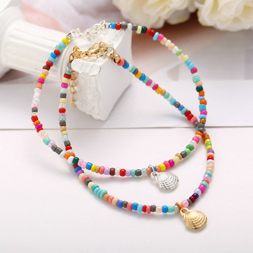 European and American cross-border jewelry Bohemian-style colorful bead ankle chain creative retro alloy scallop pendant ankle chain