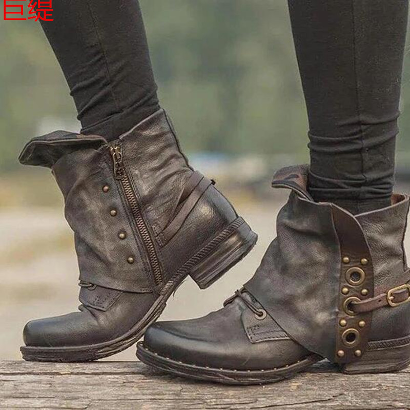2020 New Autumn and Winter Wish Amazon Independent Station Large Size Retro Round Toe Side Zipper Women's Leather Boots