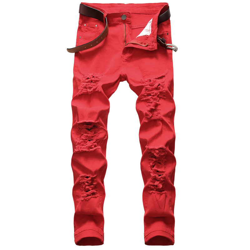 Cross-border Men's Casual Big Ripped Stretch Pants Slim-fit Denim Men's Multi-hole White Pants